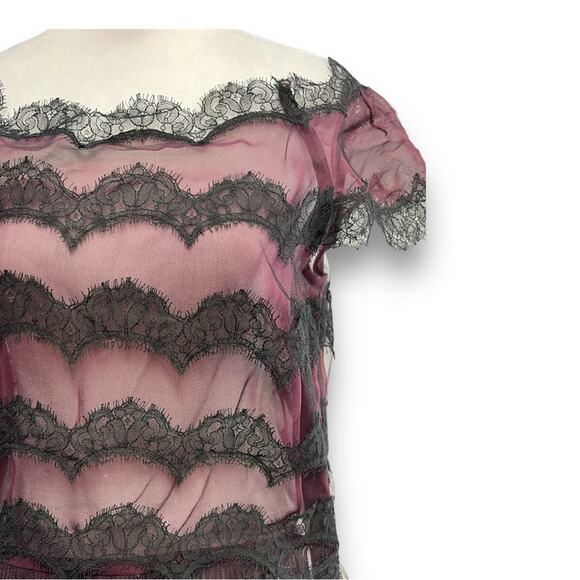 OSCAR de la RENTA✨🎄🥂Vintage Sheer black lace & pink almost off shoulder top SZ - Picture 13 of 16